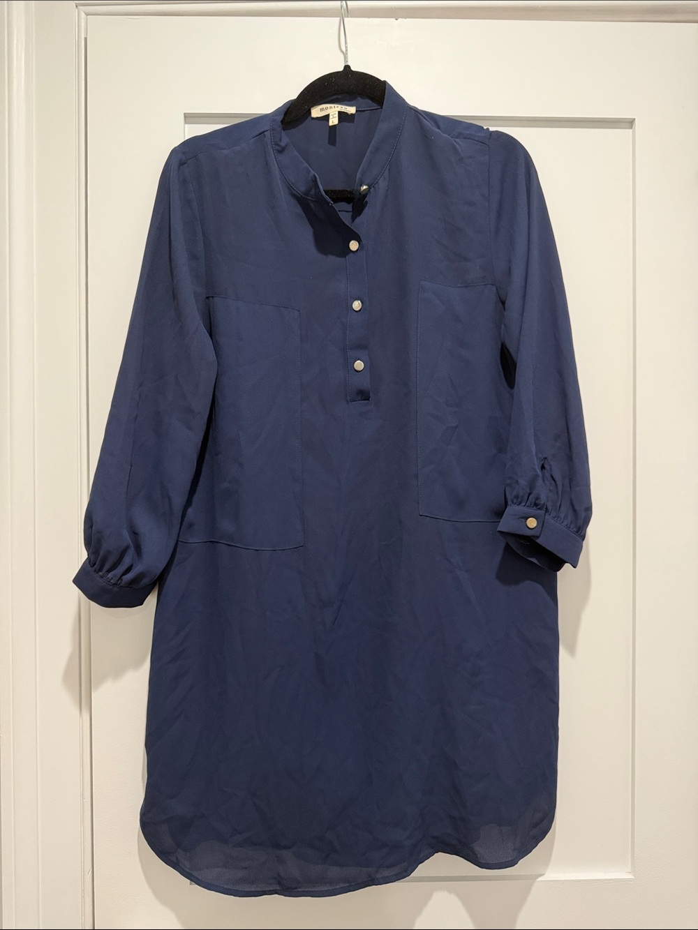 Women's Navy Blue Tunic Dress with Button Placket - Full Length Slip Underneath